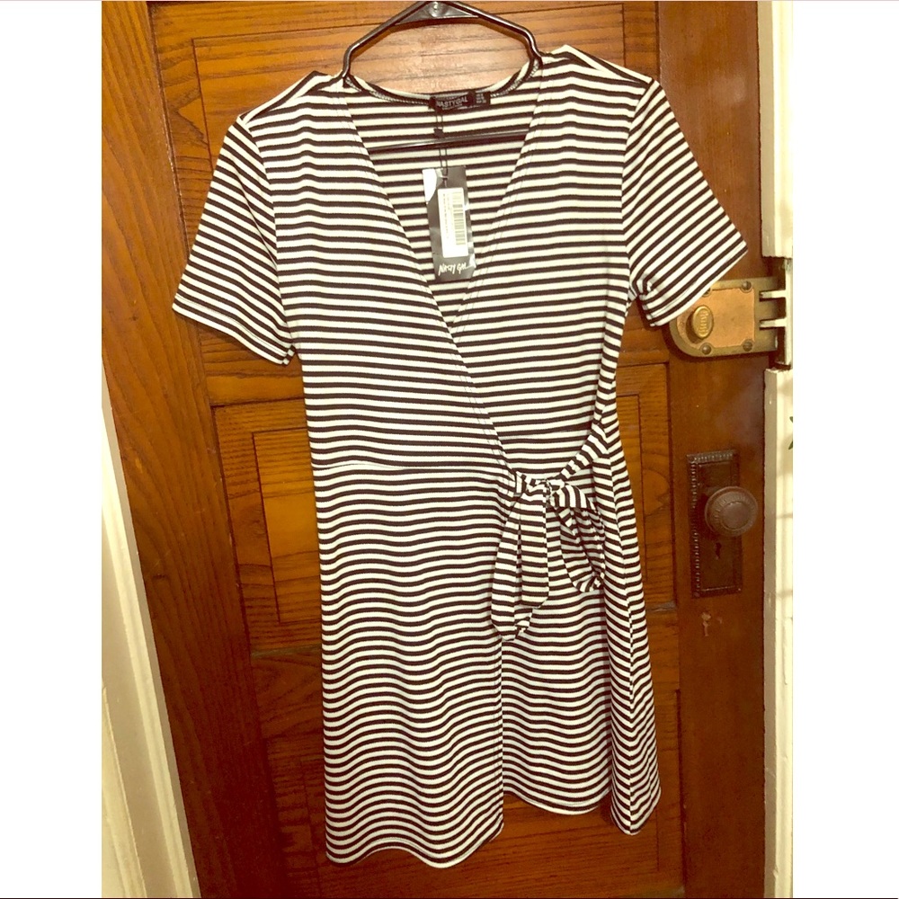 NastyGal short-sleeve striped wrap-dress, size 6